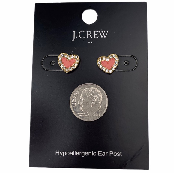 J.CREW Heart Earrings Enamel Bright Coral Crystals - Picture 2 of 6